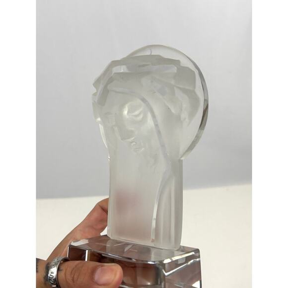 VTG Czech Bohemia Glass Crystal Mary & Jesus Frosted Figures 1970's Set Bookend - Picture 12 of 16